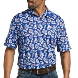 Ariat Tek Performance Polo Shirt Feather Floral All Over Print Mens L 50 UPF EUC